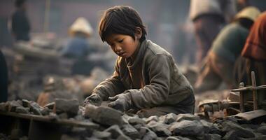 un menor de edad niño es trabajando en duro condición mundo día en contra niño labor ai generativo foto