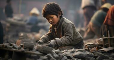 A underage Child is working on harsh condition world  day against child labor ai generative photo