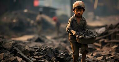 un menor de edad niño es trabajando en duro condición mundo día en contra niño labor ai generativo foto