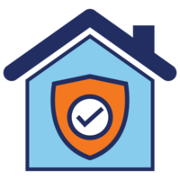 house plan and shield icon blue and orange flat icon design png