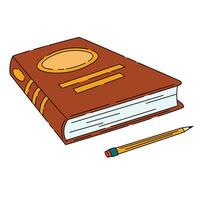 Thick book with rich cover and pencil, studying and reading vector