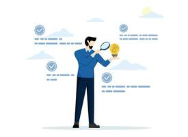 Explore business ideas. See potential startup ideas to implement. Startup Ideas to Make Money. Businessman checking light bulb concept and agreeing. flat vector illustration on a white background.