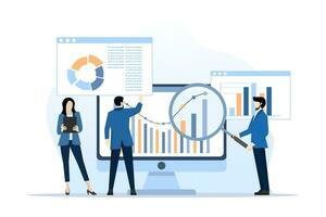 analytics and monitoring concept, business team on web reporting dashboard monitoring, and data analytics research for business financial planning. flat vector illustration design on white background.