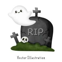 Ghost with the grave, Halloween vector watercolor illustration