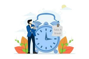 time to rest concept, coffee break time to relax and refresh from long stress intervals, free from boredom, sleepy and tired, businessman relaxing with cup of coffee or tea with clock. vector