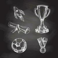 Vector hand-drawn school and sports competition Illustration set. Detailed retro style sport elements sketch on chalkboard background. Vintage sketch element. Back to School.