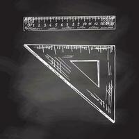 Detailed retro style triangular and rectangular ruler sketches on chalkboard background. Vintage sketch element. Back to School.  School essential illustration. vector