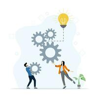 business concept, people work together to create an idea, a shining light bulb gives rise to an idea, symbol of creativity, creative idea, thought, thought. Flat vector illustration on background.