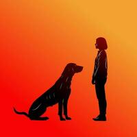 vector ilustración de perro y mujer frente a cada otro en negro en rojo naranja antecedentes