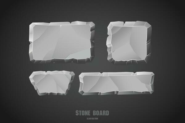 Stone menu board, rock button, gray stone banner, stone ui element