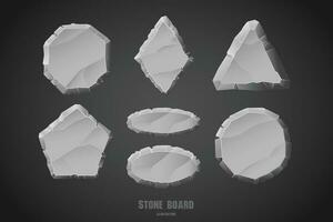 Stone menu board, rock button, gray stone banner, stone ui element vector