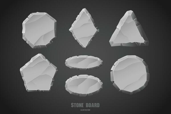 Stone menu board, rock button, gray stone banner, stone ui element
