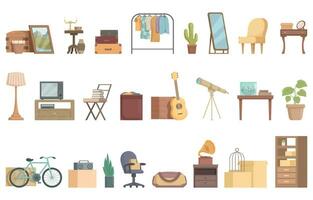 Flea market icons set cartoon vector. Store sell vector