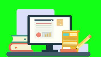 Animated illustration of laptop contains business infographics and books on a table with green screen background free video