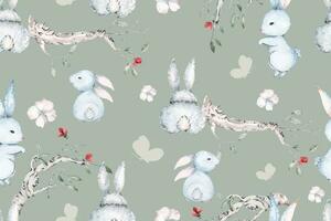 Seamless pattern of branches and rabbit for fabric and wallpaper.Botany background.Pattern animal vector