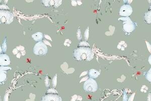 Seamless pattern of branches and rabbit for fabric and wallpaper.Botany background.Pattern animal vector