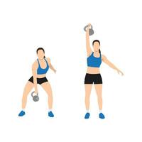 Woman doing Single arm kettlebell snatch exercise. Flat vector illustration isolated on white background. workout character set