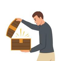 Man with open chest filled with treasures or jewels for concept of lucky find and luck. Delighted guy holds wooden chest with rays of light illuminating face vector