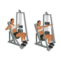 Woman doing Hammer strength machine. Seated chest press exercise. Flat vector illustration isolated on white background. Workout character