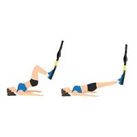 Woman doing TRX Suspension straps glute bridge exercise. Flat vector illustration isolated on white background