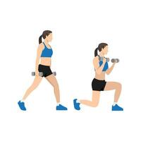 Woman doing Stationary lunge with biceps curl exercise. Flat vector illustration isolated on white background