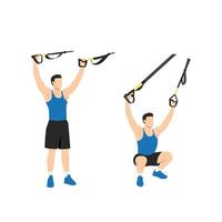 Man doing TRX Suspension straps overhead squats exercise. Flat vector illustration isolated on white background