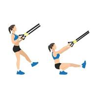 Woman doing TRX Pistol. Single leg Squat. extended arm exercise. Flat vector illustration isolated on white background