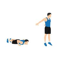 Man doing Chest to floor burpee exercise. Flat vector illustration isolated on white background