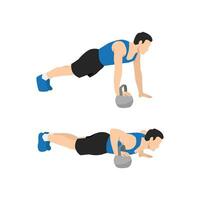 Man doing Push up with one hand on the kettlebell exercise. Flat vector illustration isolated on white background. workout character set