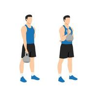 Man doing Bicep curl with kettlebell exercise. Flat vector illustration isolated on white background