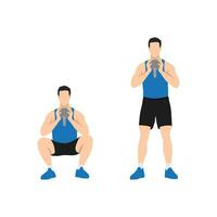 Man doing Kettle bell goblet squat exercise. Flat vector illustration isolated on white background. workout character set