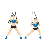 Woman doing TRX Suspension straps side step. Lateral lunges exercise. Flat vector illustration isolated on white background