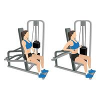 Woman doing Assisted Machine seated tricep dips exercise. Flat vector illustration isolated on white background