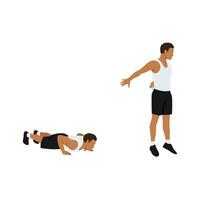 Man doing Chest to floor burpee exercise. Flat vector illustration isolated on white background