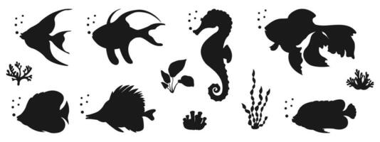 Black silhouette of marine life. Set of elements for design in marine style. Shadow of various fishes, algae and corals. vector