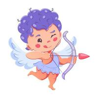 linda dibujos animados Cupido. Cupido con arco y un flecha en forma de corazón. pequeño ángel con alas. vector