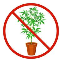 Marijuana prohibition sign. Red crossed circle with cannabis. Forbidden plant. vector