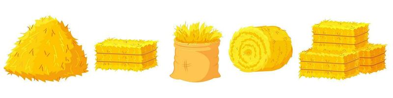 Straw bales. Stack of straw briquettes. Set with cartoon illustrations of dry yellow grass vector