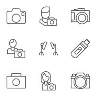 Pack of isolated vector symbols drawn in line style. Editable stroke. Icons of camera, studio light, flash card, photographer