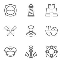 Pack of isolated vector symbols drawn in line style. Editable stroke. Icons of porthole, lighthouse, binoculars, paddles, sailor, whale, lifeline, anchor