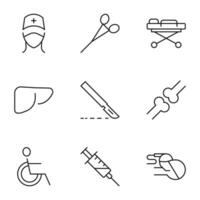 Pack of isolated vector symbols drawn in line style. Editable stroke. Icons of surgeon, scissors, gurney, liver, knife, knuckles, wheelchair, syringe, surgery