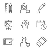 Pack of isolated vector symbols drawn in line style. Editable stroke. Icons of liner, pencil, artist, designer, dropper, idea, schedule, deadline, tablet, eraser