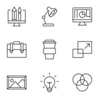 Pack of isolated vector symbols drawn in line style. Editable stroke. Icons of graphic design, table lamp, coding, suitcase, coffee, lamp, picture, intersected circles