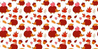 Colorful cozy autumn seamless pattern. Hedgehog, apple, acorn, leaves vector