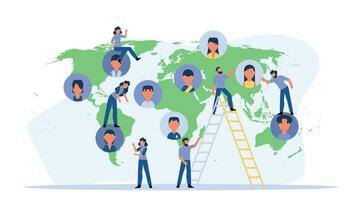 World business Earth map global technology consulting team. Cooperation globe idea teamwork with man and woman vector concept illustration background. Businessperson group coworker banner worldwide
