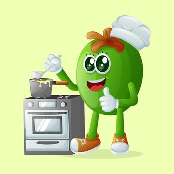 linda feijoa personaje Cocinando en un estufa vector