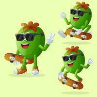 Cute Feijoa characters skateboarding vector