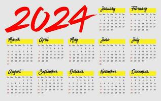 Calendar 2024 template vector, simple minimal design, international Planner 2024 year, Wall 2024 year, Week Starts Sunday, Set of 12 calendar, advertisement, printing, stationery, organization office vector