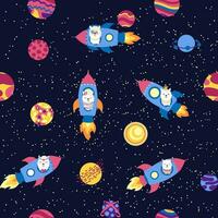 Seamless pattern with lama in a rocket, in space. Lama travels, adventures among the stars. Cute pattern with alpaca vector