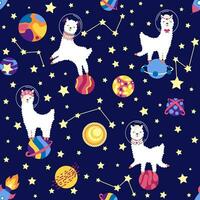 Seamless pattern with lama in a rocket, in space. Lama travels, adventures among the stars. Cute pattern with alpaca vector